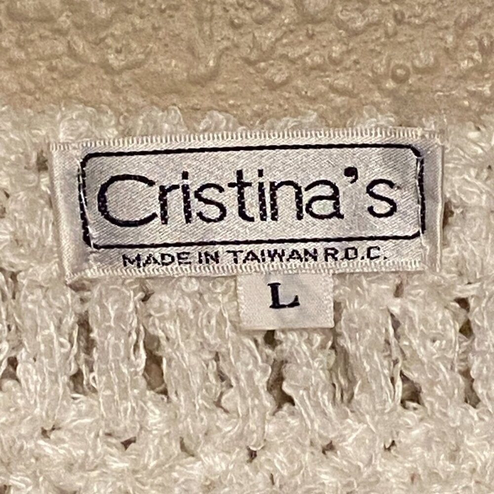 CRISTINA'S White Gray & Pink Pastel Shaggy Fluffy Sweater Hand Crochet Size (L) - Picture 4 of 7